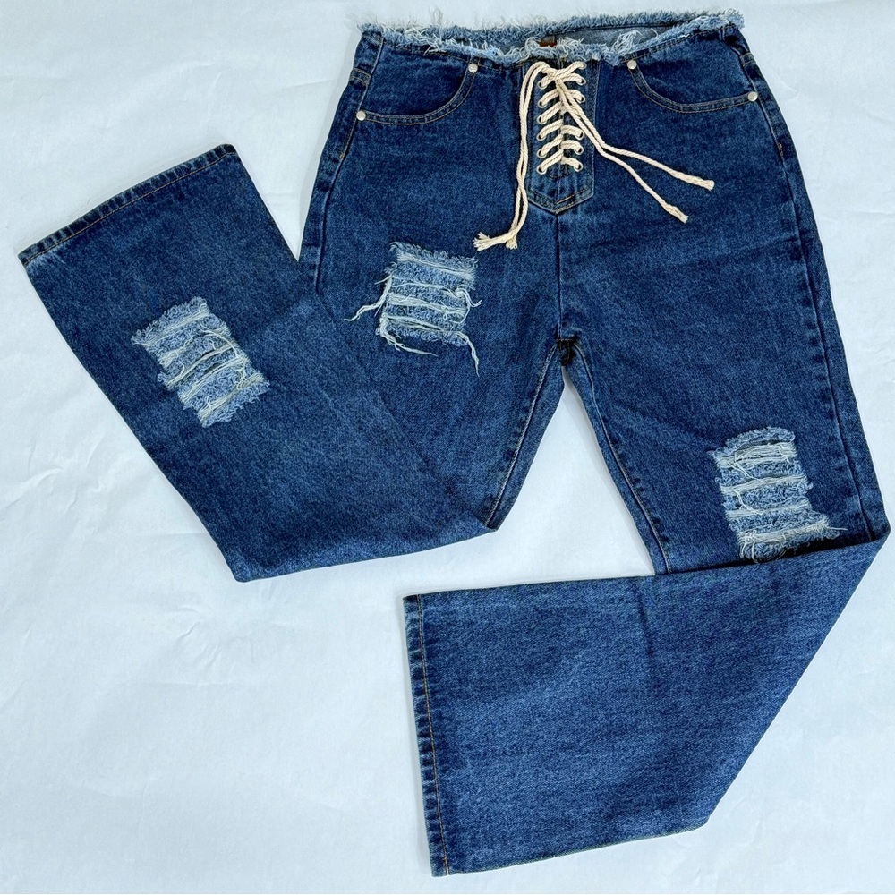NWOT POL Front Lace Up Distressed High Waisted Flare Wide Leg Denim Jeans Boho